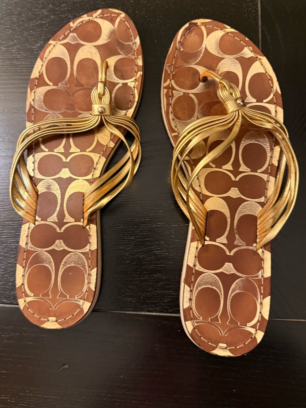Coach Brown Logo Footbed Gold leather Metallic Strap Sandals